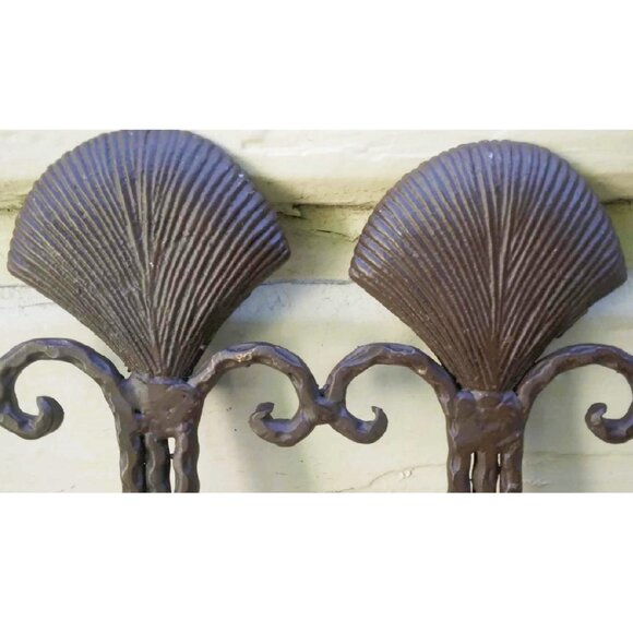 VTG Double Pillar Candle Holder Hammered Scallop Shell Wrought Iron Wall Sconce - Picture 6 of 8